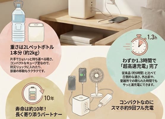 パワーバンクキューブネオの特徴や便利機能をまとめた画像