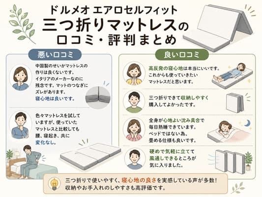 ドルメオ エアロセルフィット 三つ折りマットレスの製品写真。厚みと通気性を強調した三つ折り状態のマットレスで、口コミ・評判まとめ記事のアイキャッチ画像